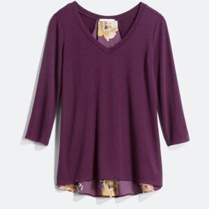 Le Lis Deep Purple Long Sleeve V-Neck tunic with floral back design